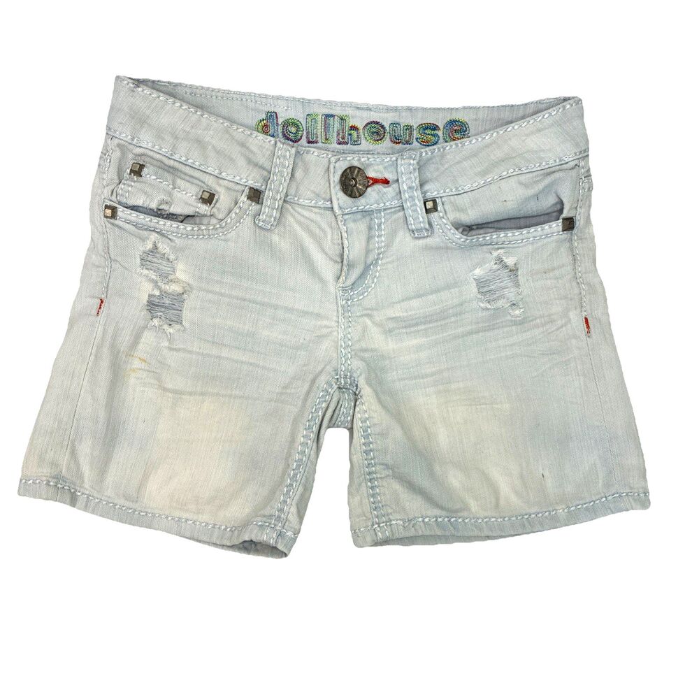 Y2K Dollhouse Pale Blue Studded Low Rise Jean Shorts Sz 3 Distressed Bermuda